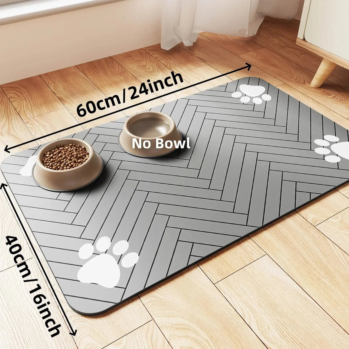 Absorbent pet feeding mat in living room, 60 by 40 cm
