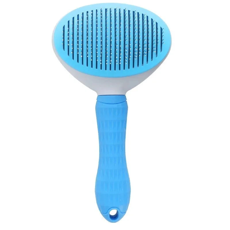 Self-cleaning pet grooming brush in  blue