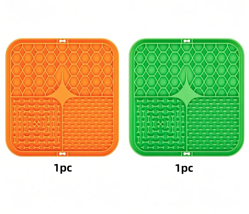 Silicone pet feeding mat in orange and green, set of two