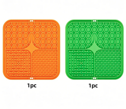 Silicone pet feeding mat in orange and green, set of two