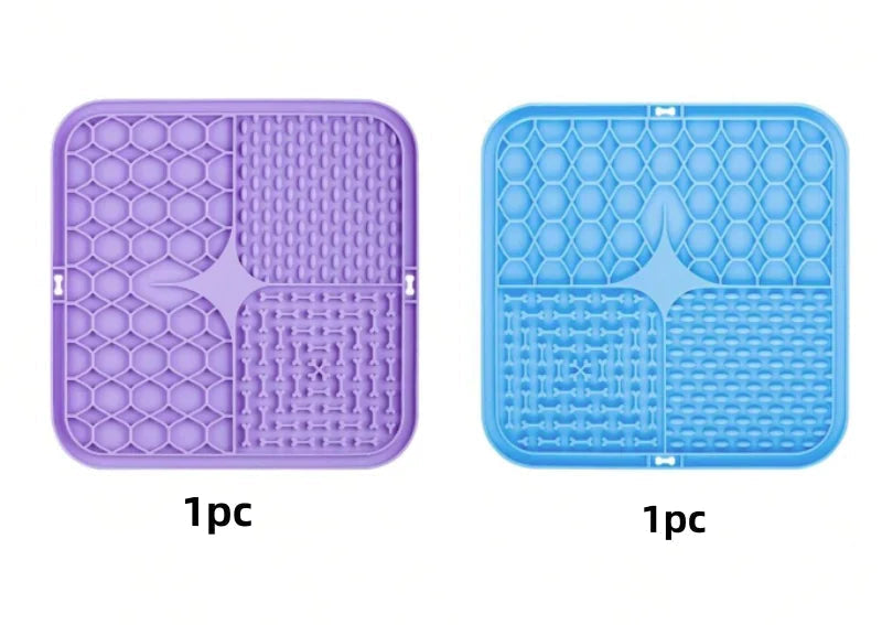 Silicone pet feeding mat in purple and light blue, set of two