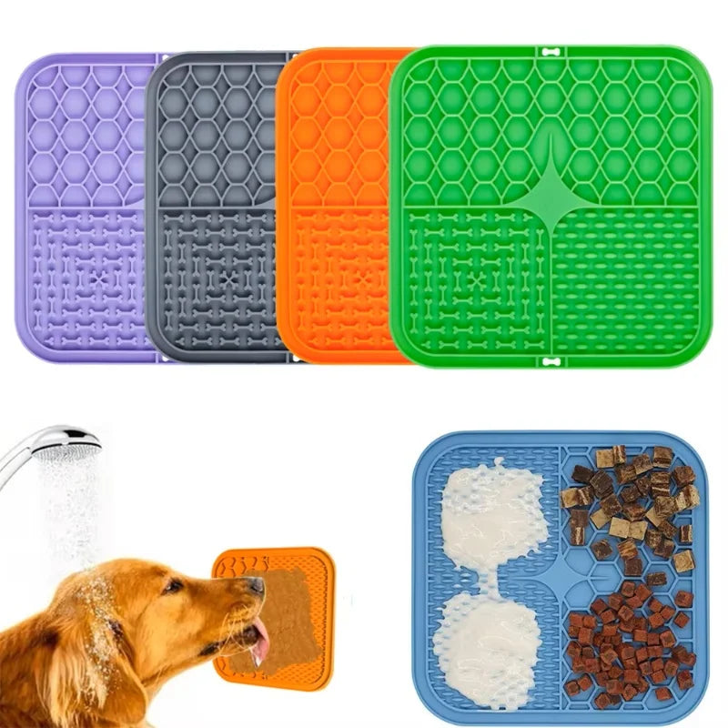 Silicone pet feeding mat colors with dog eating from mat