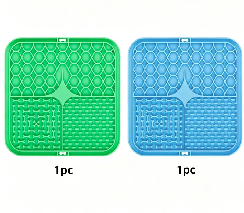 Silicone pet feeding mat in green and light blue, set of two