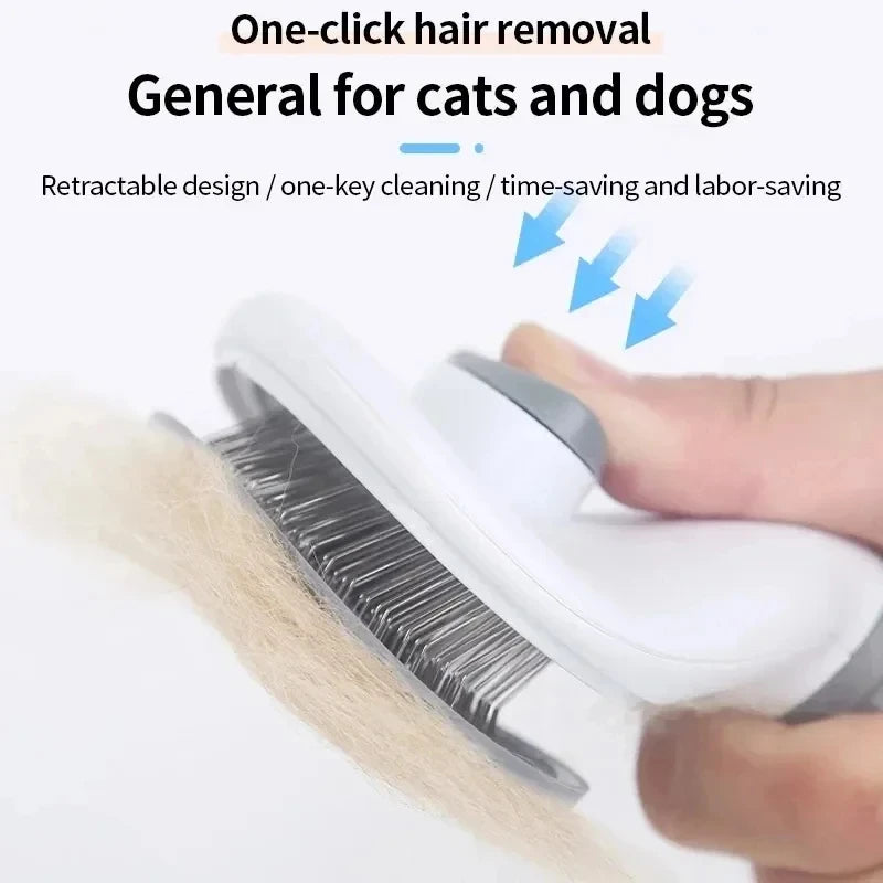 Self-cleaning brush button releasing collected fur