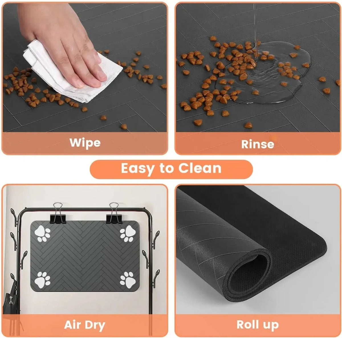 Absorbent pet mat cleaning steps, wipe and roll up