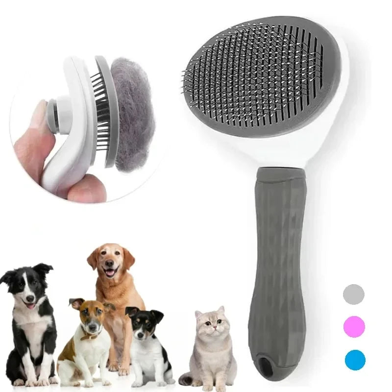 Self-cleaning pet grooming brush in grey, pink and blue