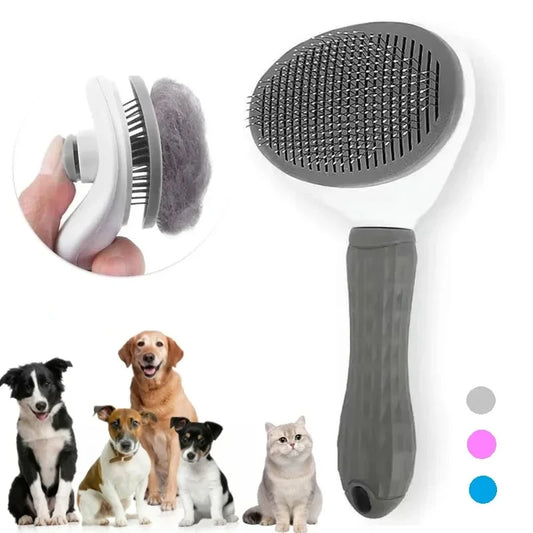 Self-cleaning pet grooming brush in grey, pink and blue