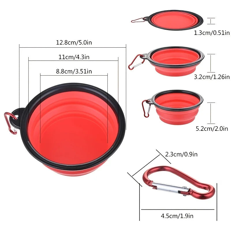 Collapsible travel bowl size guide in red