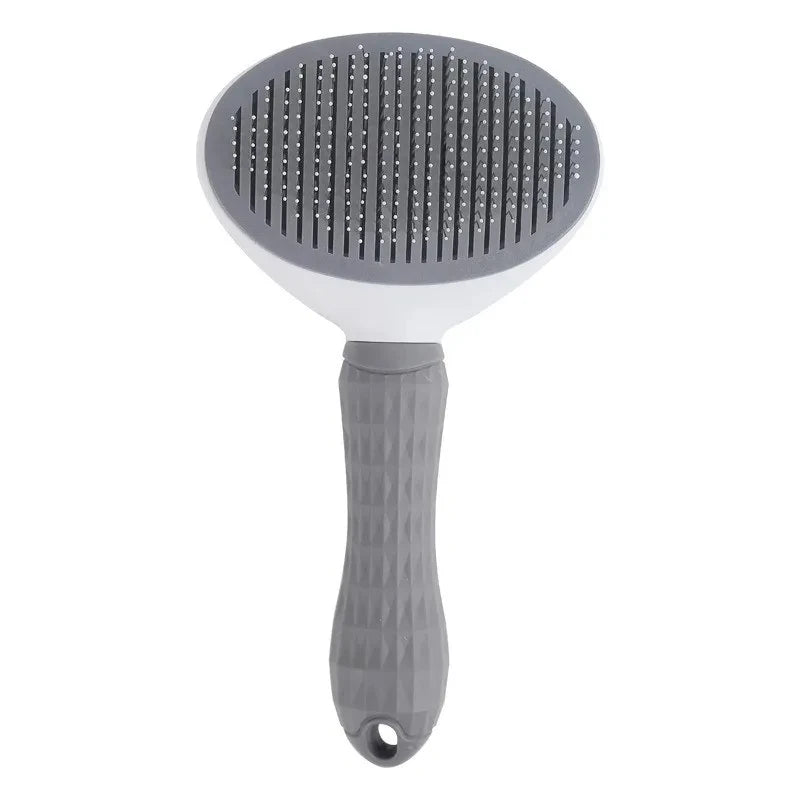 Self-cleaning pet grooming brush in grey